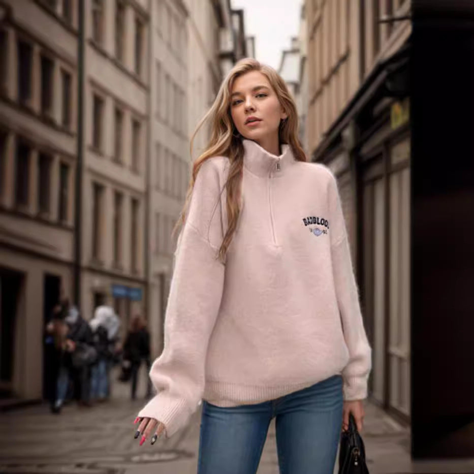 Women's Fluffy Mock Neck Sweater with Zipper