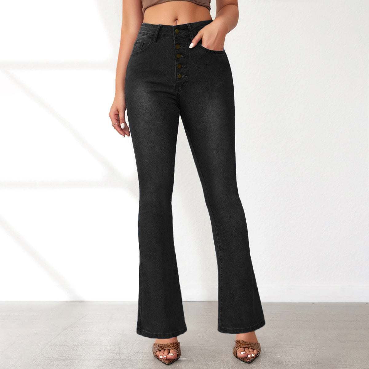 Women's Flared Jeans with High Waist and Button Detail