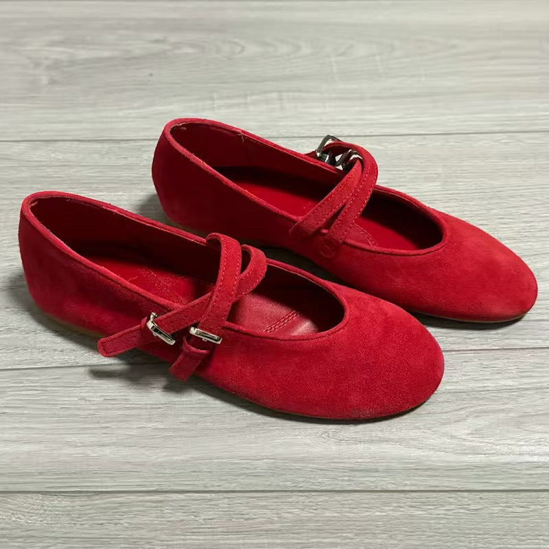 Women's Suede Ballet Flats with Adjustable Straps