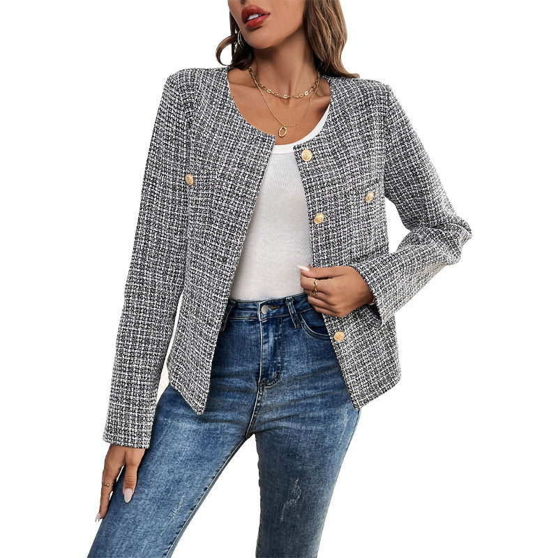 Elegant Women's Tweed Jacket with Double-Breasted Button Placket and Textured Fabric