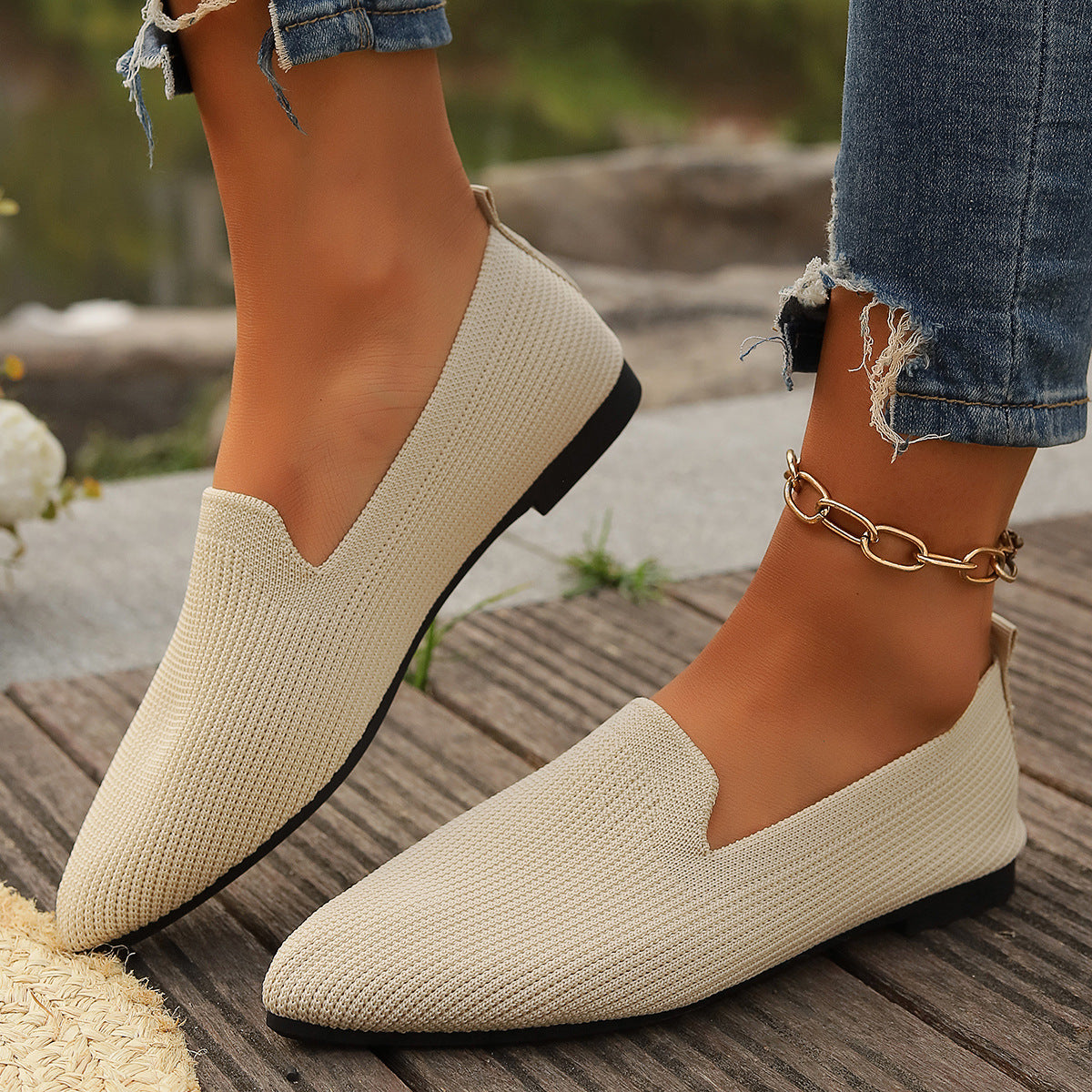 Women's Breathable Knit Slip-Ons with V-Neck Detail