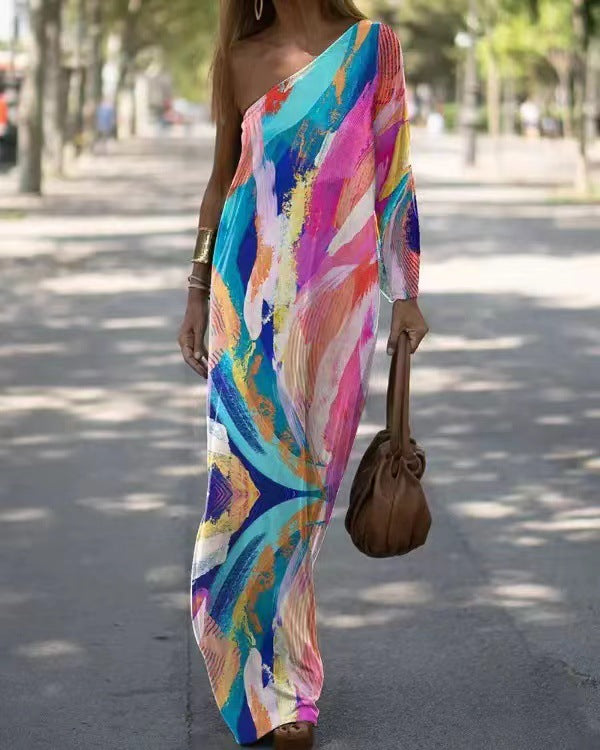 Women's Asymmetrical Maxi Dress with Colorful Art Print