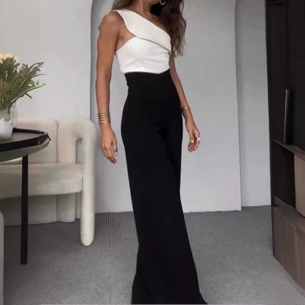 One-Sided Wide-Leg Jumpsuit with Decorative Neckline