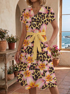 Women's Floral Midi Dress with Adjustable Belt