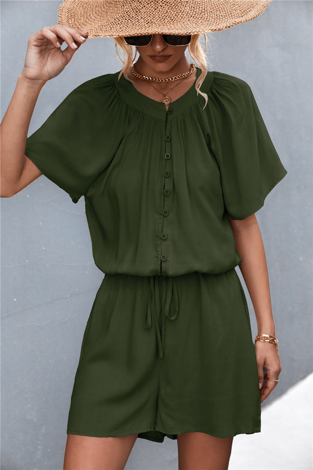 Women's Jumpsuit with Elastic Waist and Button Front