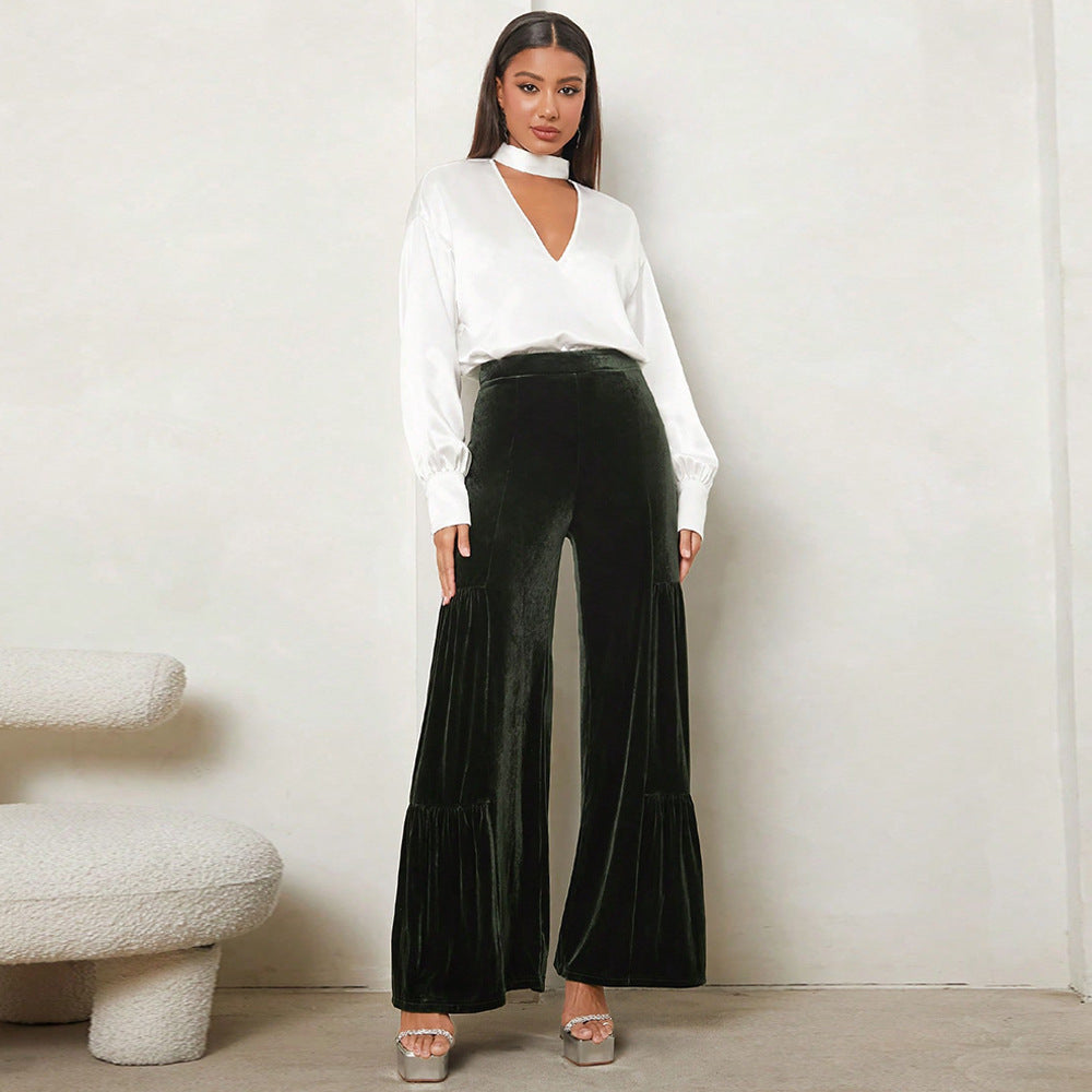 Women's Elegant High-Waisted Wide-Leg Velvet Pants