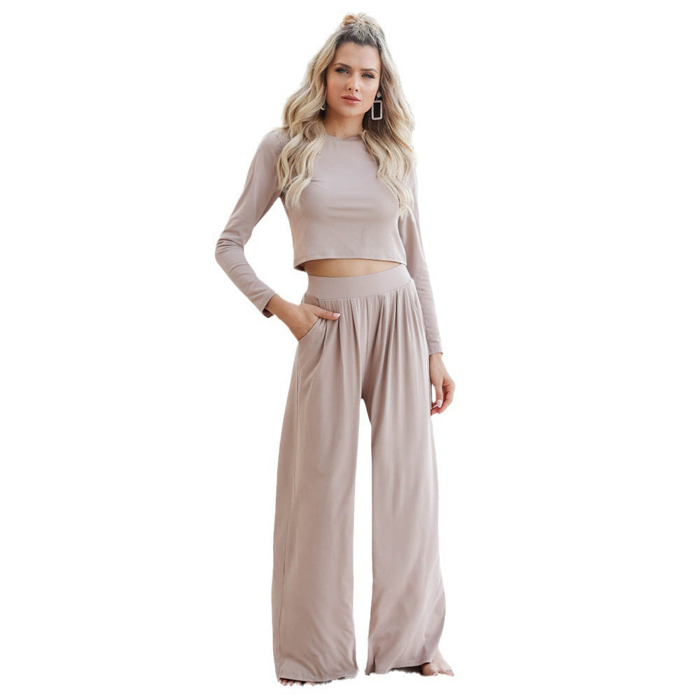 Women's Casual Wide-Leg Jumpsuit with Long Sleeves and Pockets