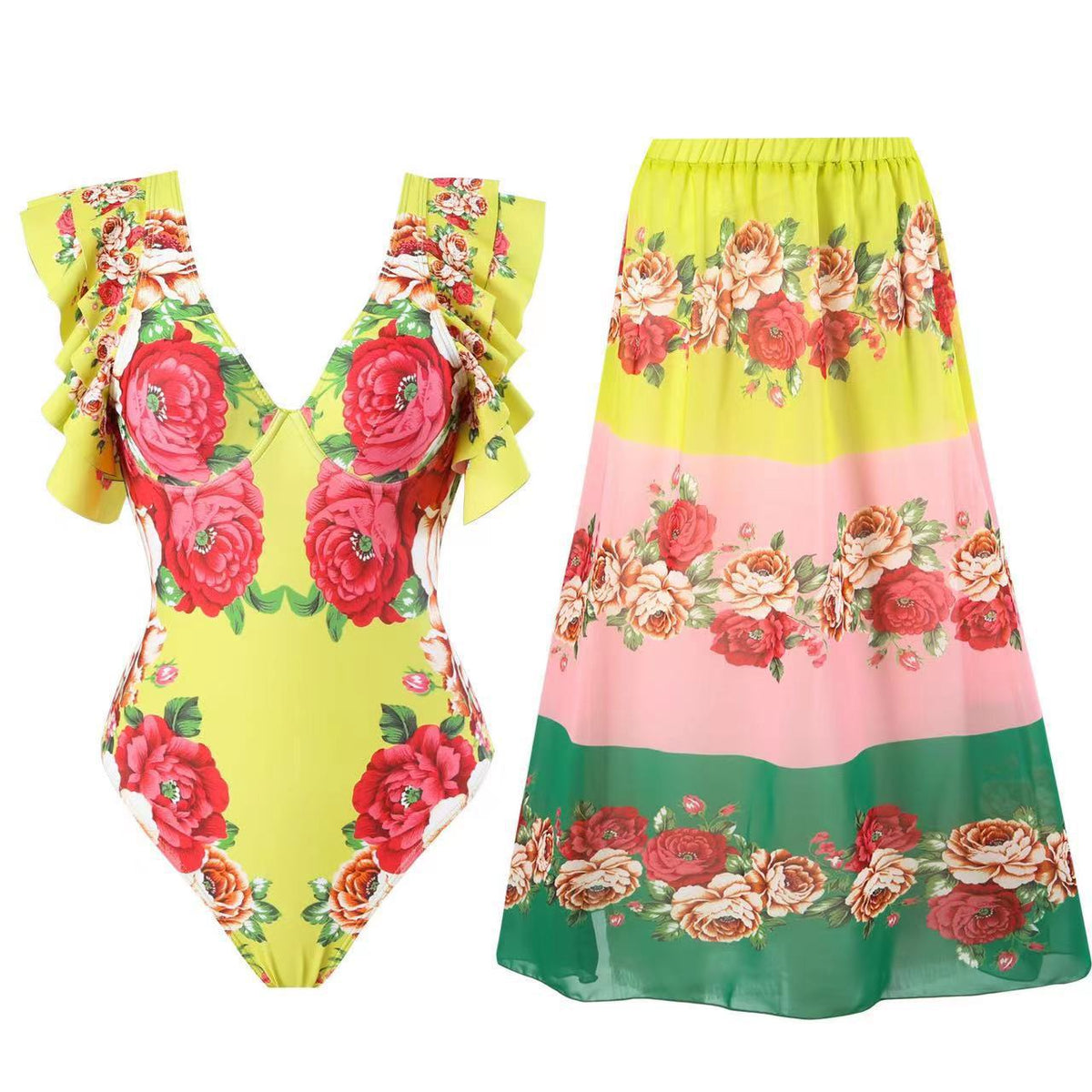 Women's Swimsuit with Fashionable Ruffle Details and Floral Wrap Skirt