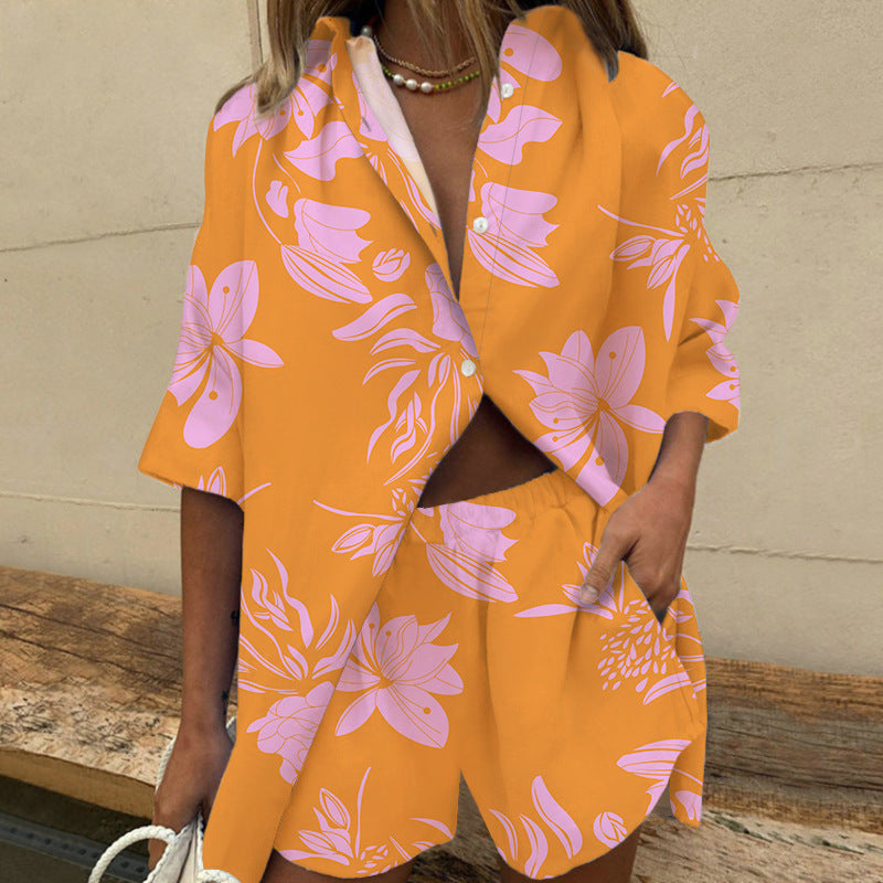 Women's Fashionable Two-Piece Set with Loose Blouse and Matching Shorts
