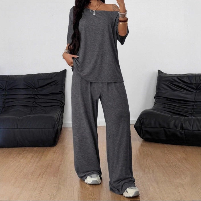 Women's Casual Lounge Set with Palazzo Pants and Off-Shoulder Top