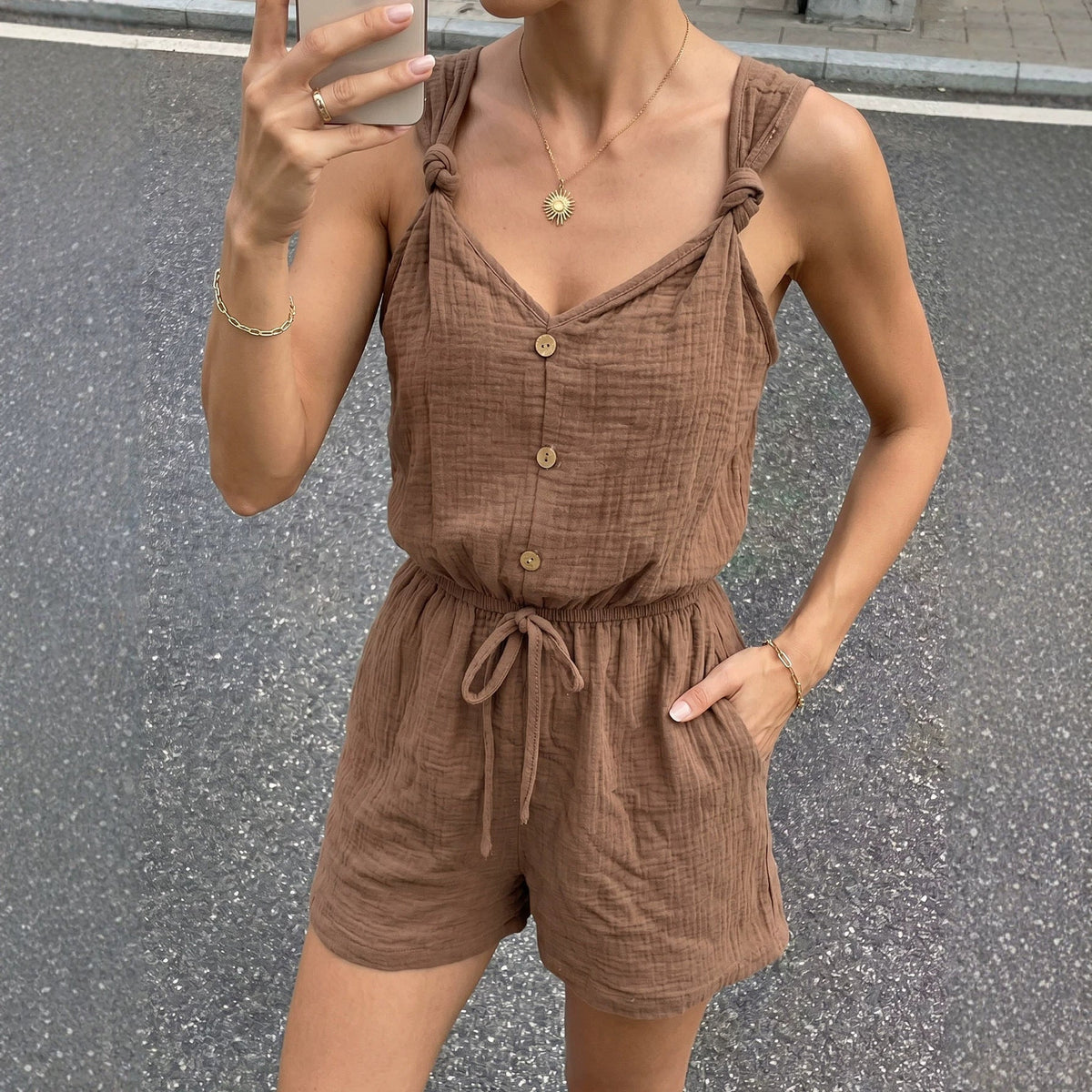 Women's Casual Jumpsuit with Buttoned V-Neck and Elastic Waist