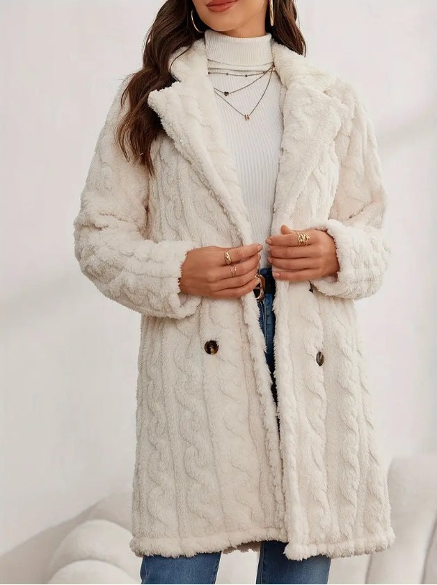 Women's Fashionable Chunky Knit Coat with Double-Button Details