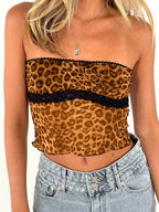Women's Bandeau Top with Leopard Print and Lace Trim