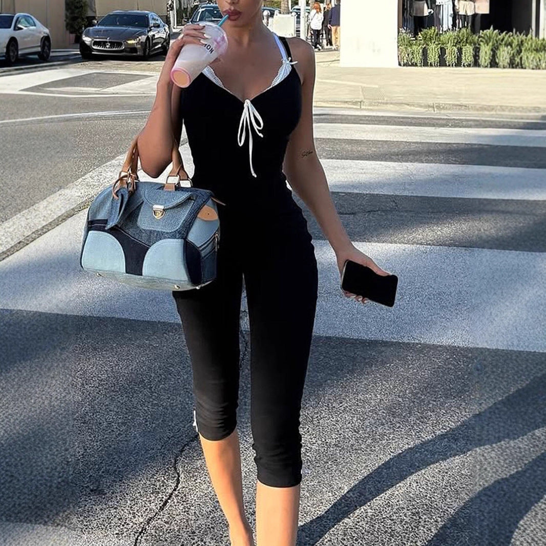 Women's Floor-Length Jumpsuit with Delicate Ruffle Details and Adjustable Straps