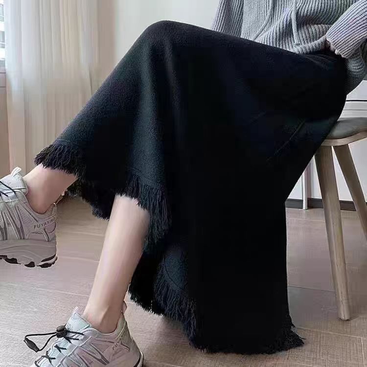 Women's Maxi Skirt in Soft, Textured Knit Fabric with Frayed Hem