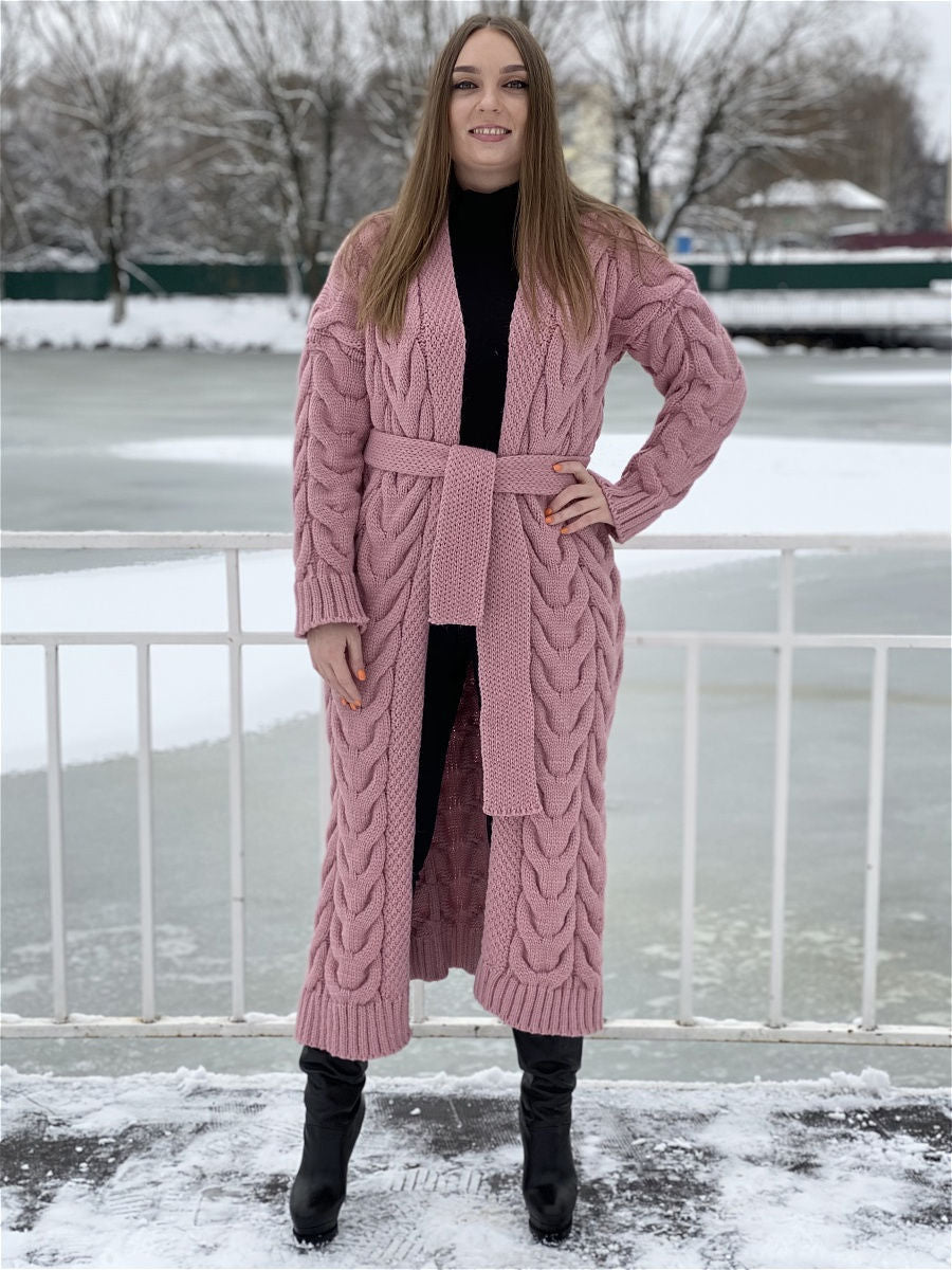 Women's Chunky Knit Coat with Distinctive Cable Knit Design and Open Front