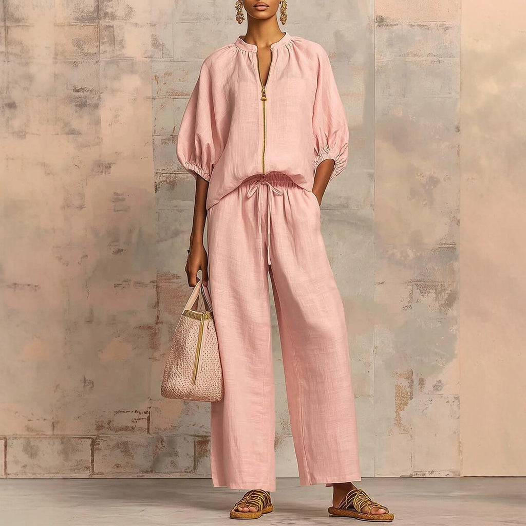 Women's Airy Two-Piece Set with Modern Collar and Zipper