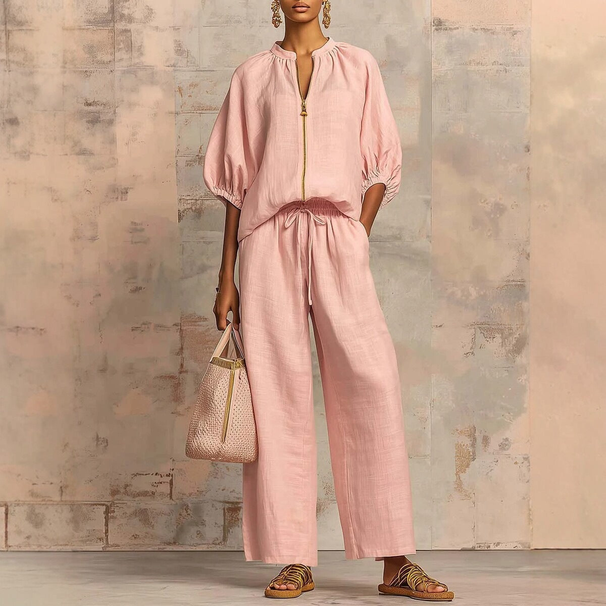 Women's Airy Two-Piece Set with Modern Collar and Zipper