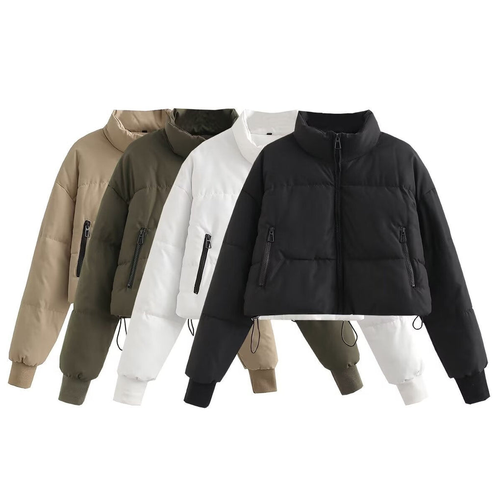 Women's Cropped Puffer Jacket with High Collar and Zipper Pockets