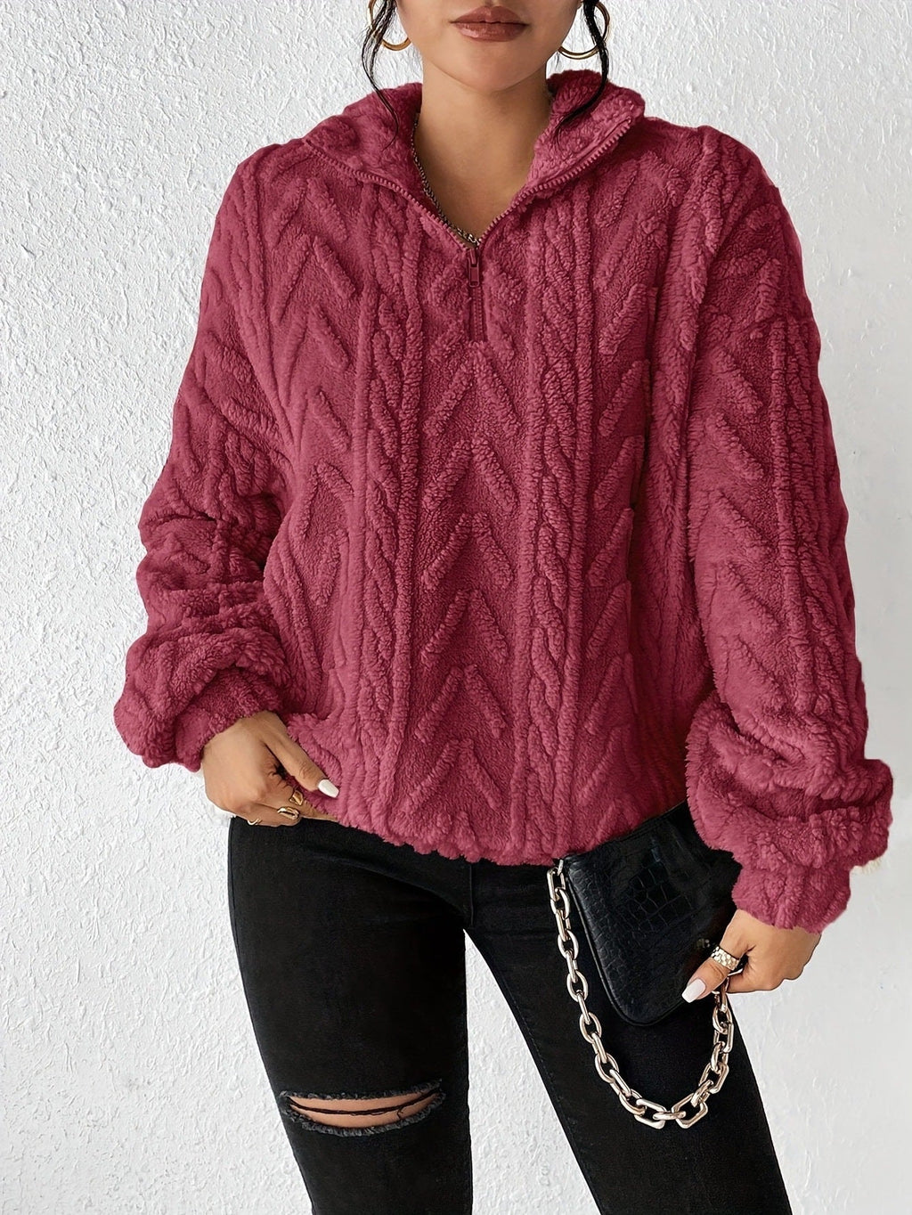 Women's High-Neck Textured Fleece Pullover