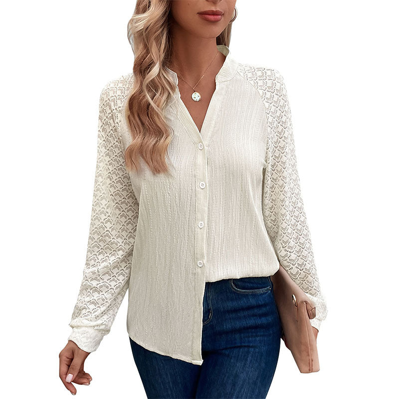 Women's Blouse with Elegant Lace Sleeves and Textured Finish