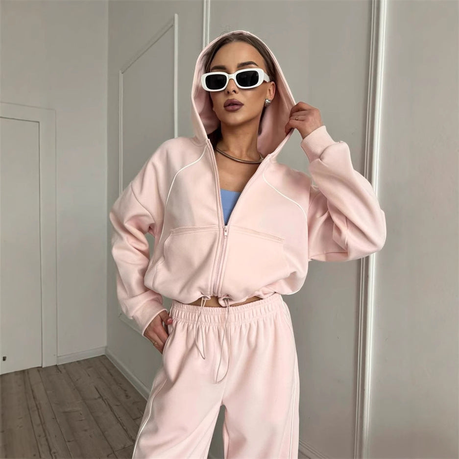 Women's Hooded Jacket and Wide Jogging Trousers Set with Contrast Stitching