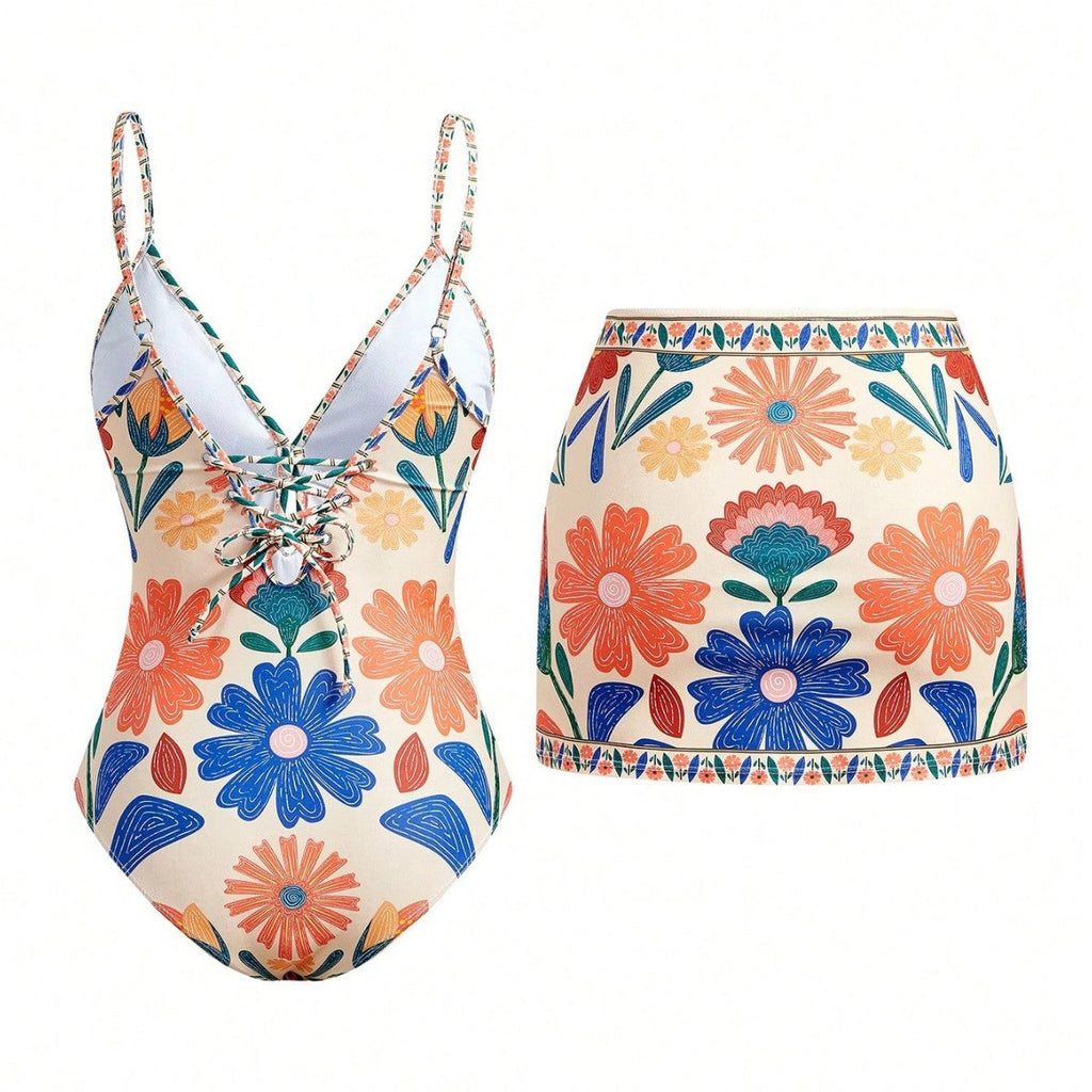 Women's Swimsuit with Floral Design and Removable Skirt