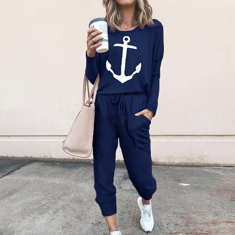 Women's Casual Jumpsuit with Maritime Anchor Print and Pockets