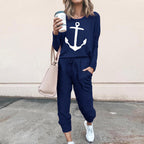 Women's Casual Jumpsuit with Maritime Anchor Print and Pockets