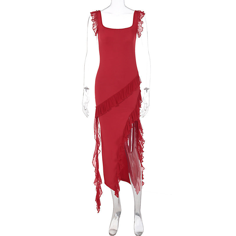 Women's Asymmetrical Maxi Dress with Ruffles and High Slit