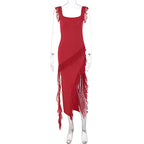 Women's Asymmetrical Maxi Dress with Ruffles and High Slit