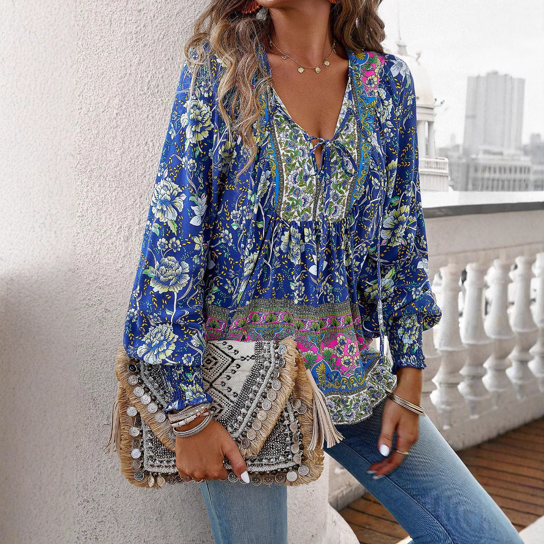 Women's Boho Blouse with Bow Detail and Floral Print