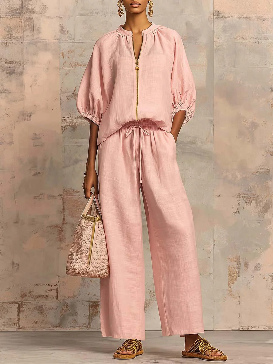 Women's Airy Two-Piece Set with Modern Collar and Zipper