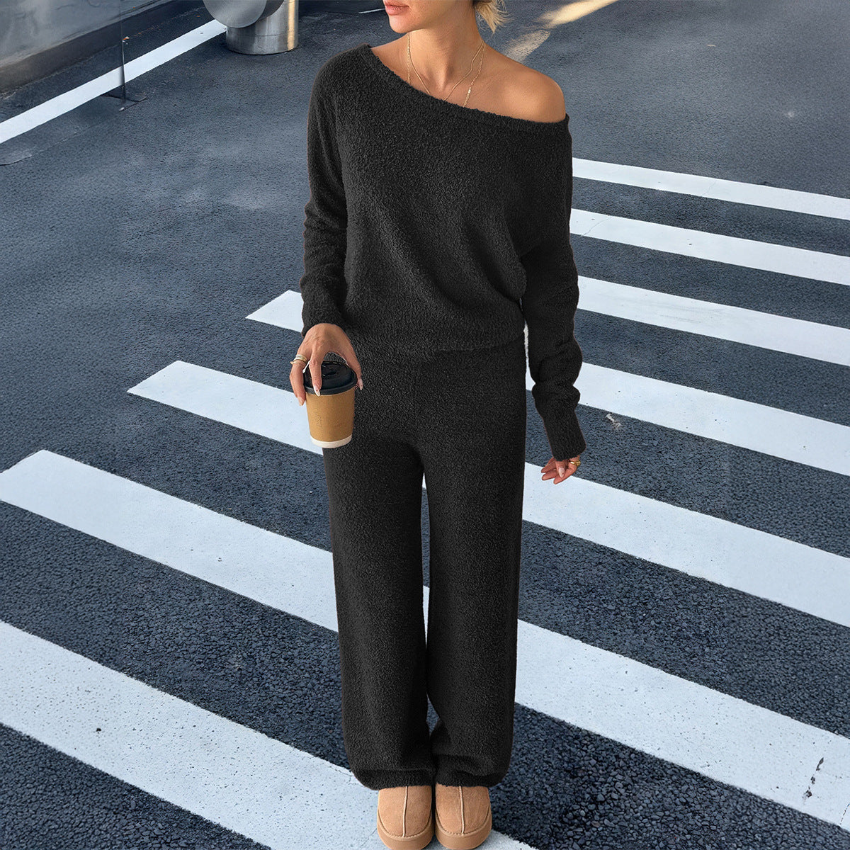 Women's Cozy Bouclé Lounge Set with One-Shoulder Crop Pullover and High-Waist Palazzo Pants