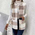 Women's Fluffy Plaid Vest with Pockets