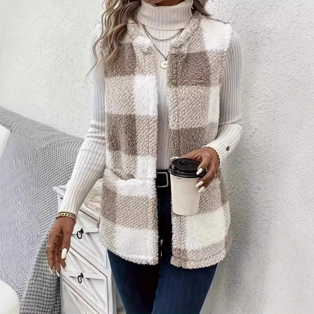Women's Fluffy Plaid Vest with Pockets