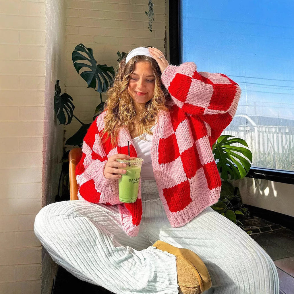 Women's Chunky Knit Cardigan in Modern Plaid