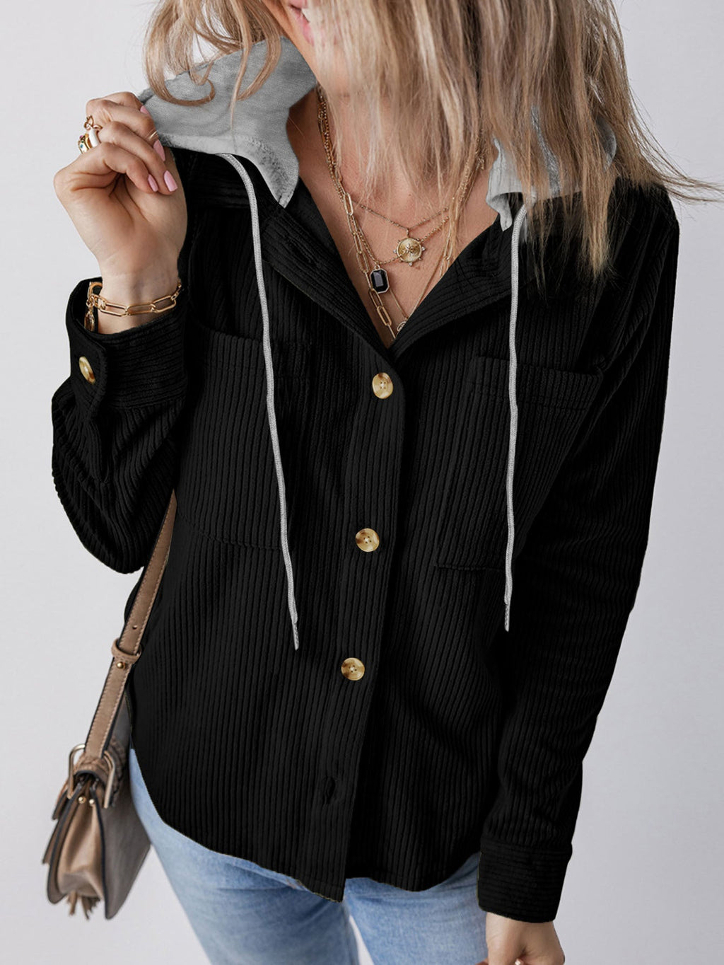 Women's Hooded Blouse with Textured Fabric and Practical Button Details