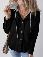 Women's Hooded Blouse with Textured Fabric and Practical Button Details