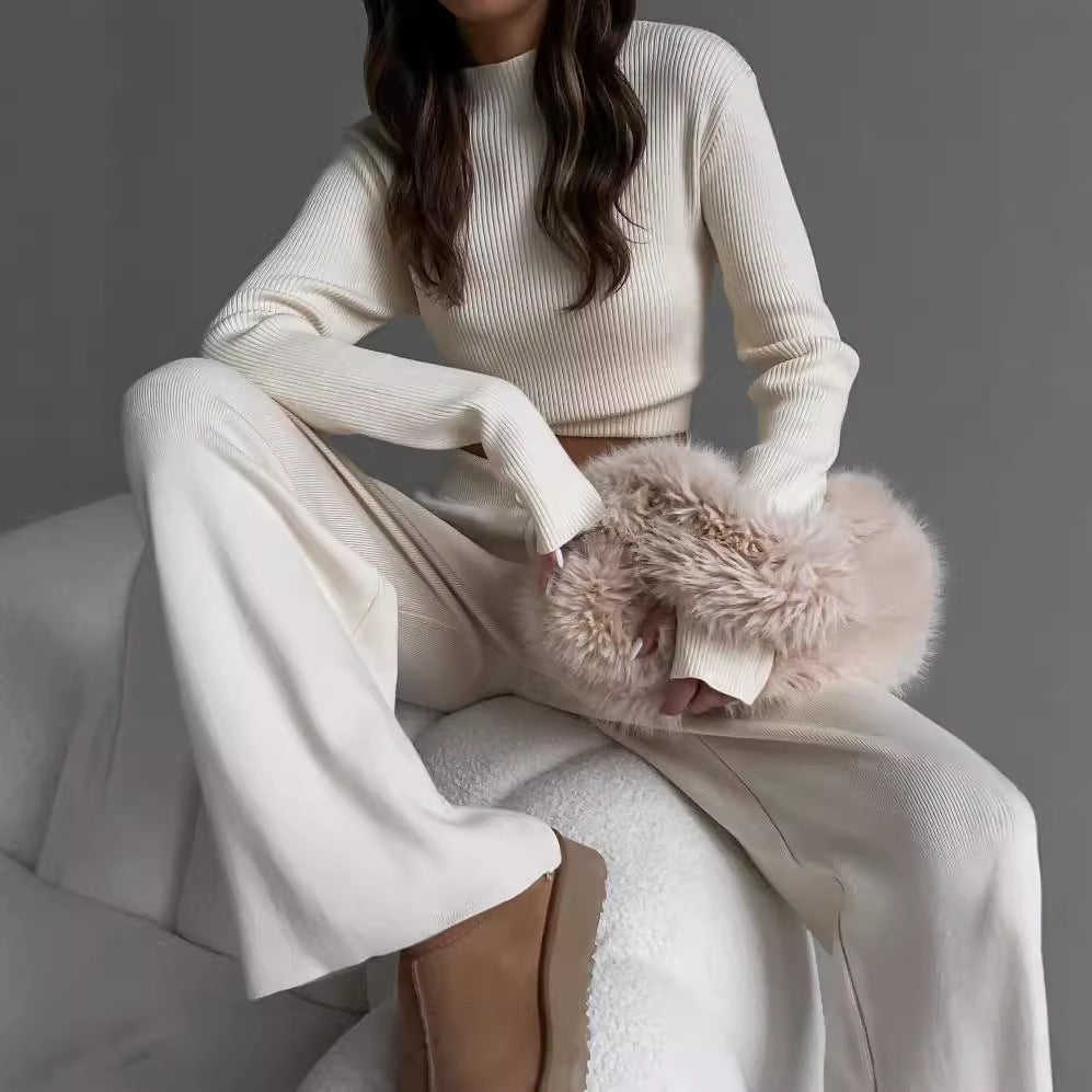 Women's Elegant and Casual Knit Ensemble with High-Cut Top and Wide Cut