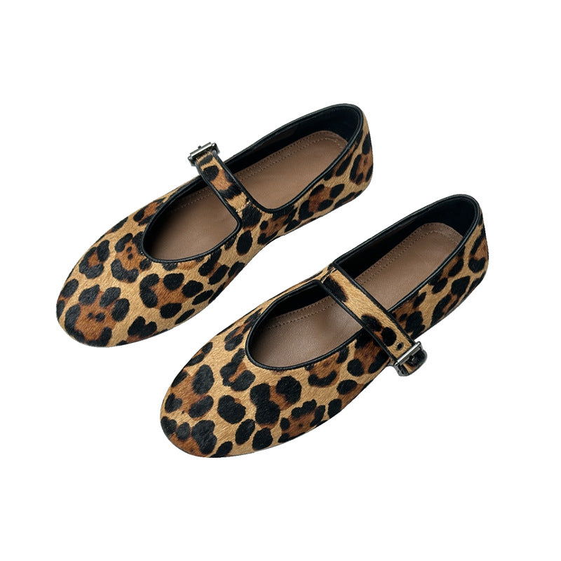 Women's Leopard Print Ballet Flats with Adjustable Strap