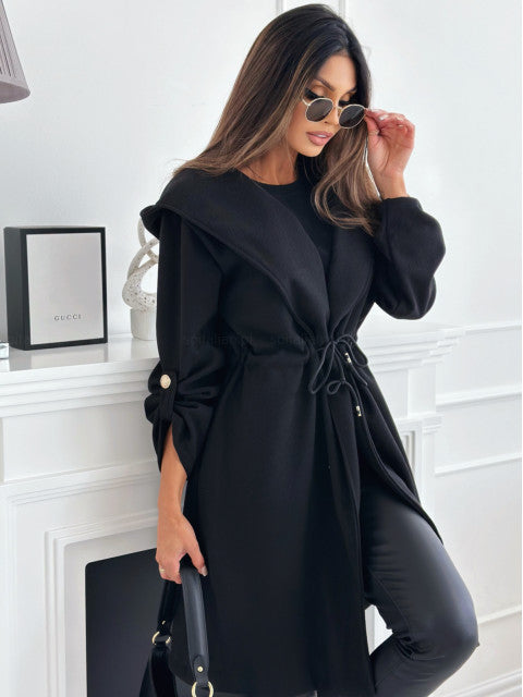 Loose Hooded Sweatcoat with Adjustable Waist and Elegant Details