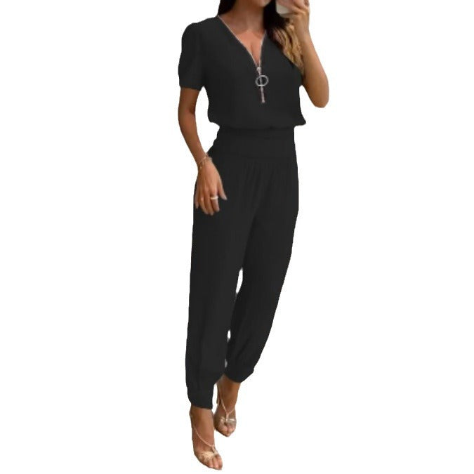 Women's Jumpsuit with V-Neck and Elastic Waist