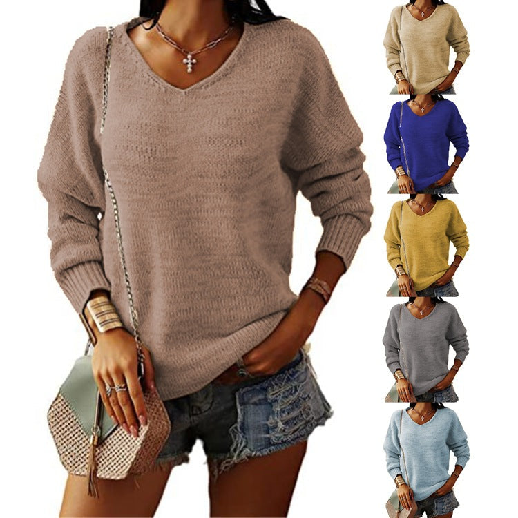 Women's Chunky Knit Sweater with Deep V-Neck and Relaxed Fit