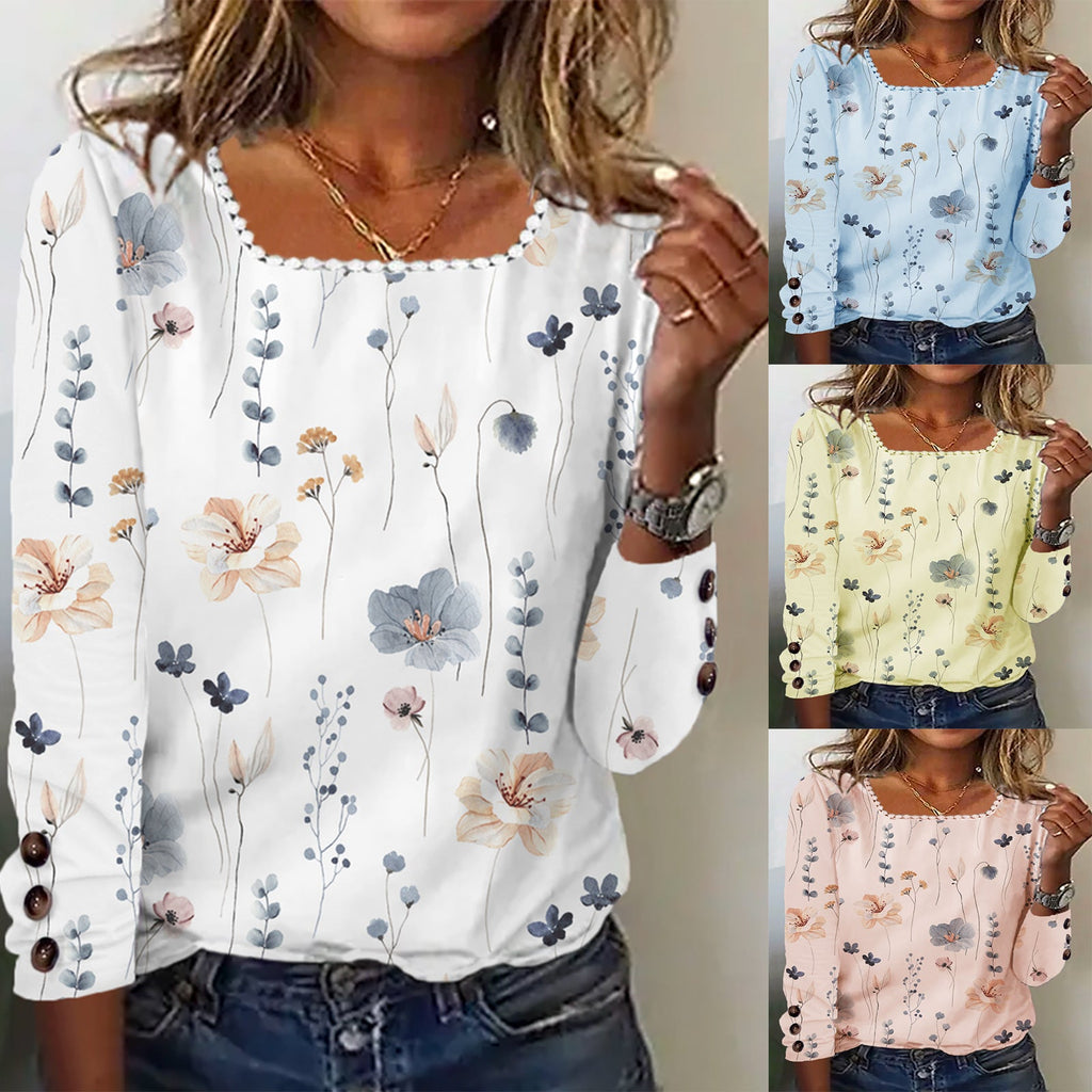 Women's Blouse with Floral Print and Decorative Button Details