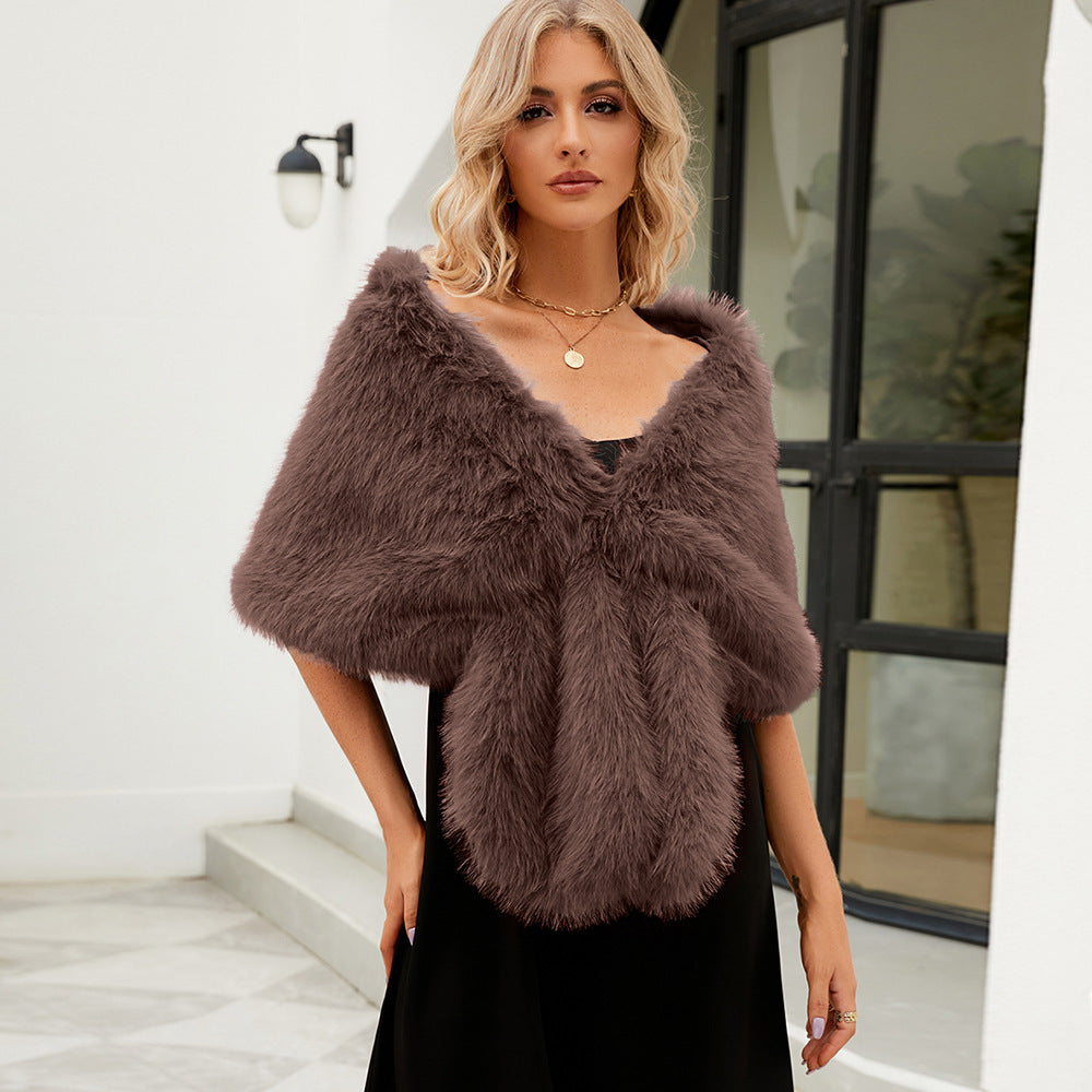 Women's Luxurious Faux Fur Cape with Fluffy Collar