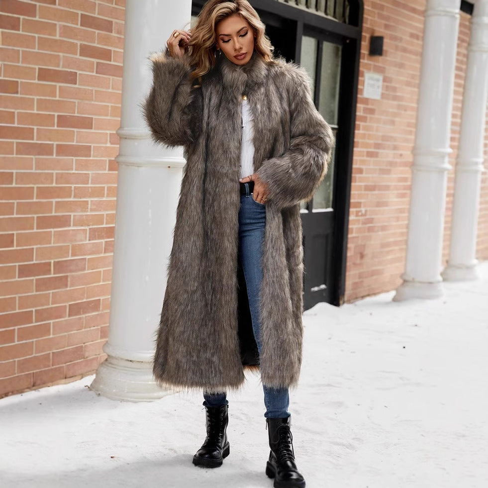 Women's Long Faux Fur Coat with Stand-Up Collar and Pockets
