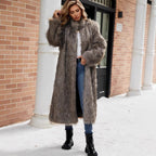 Women's Long Faux Fur Coat with Stand-Up Collar and Pockets