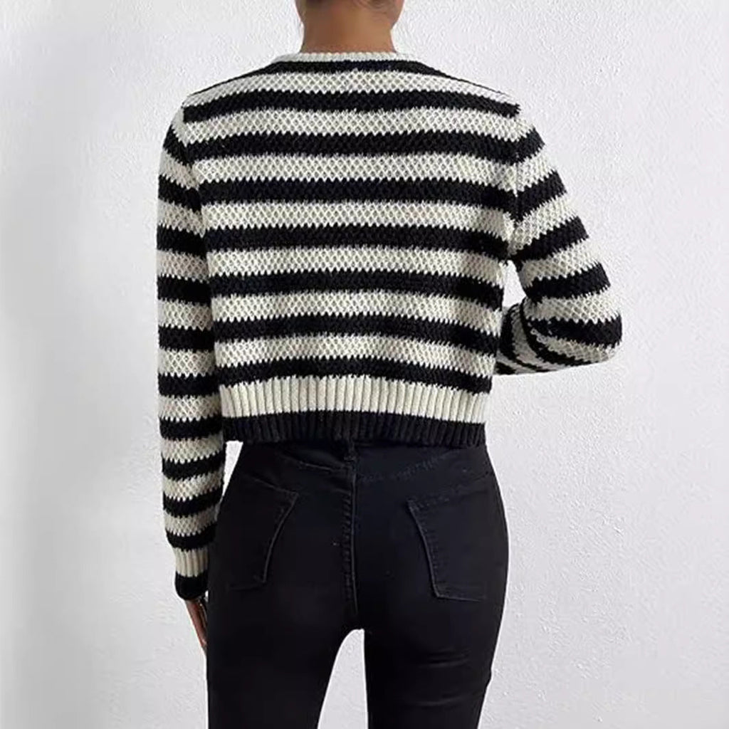 Women's Striped Cardigan with Decorative Buttons