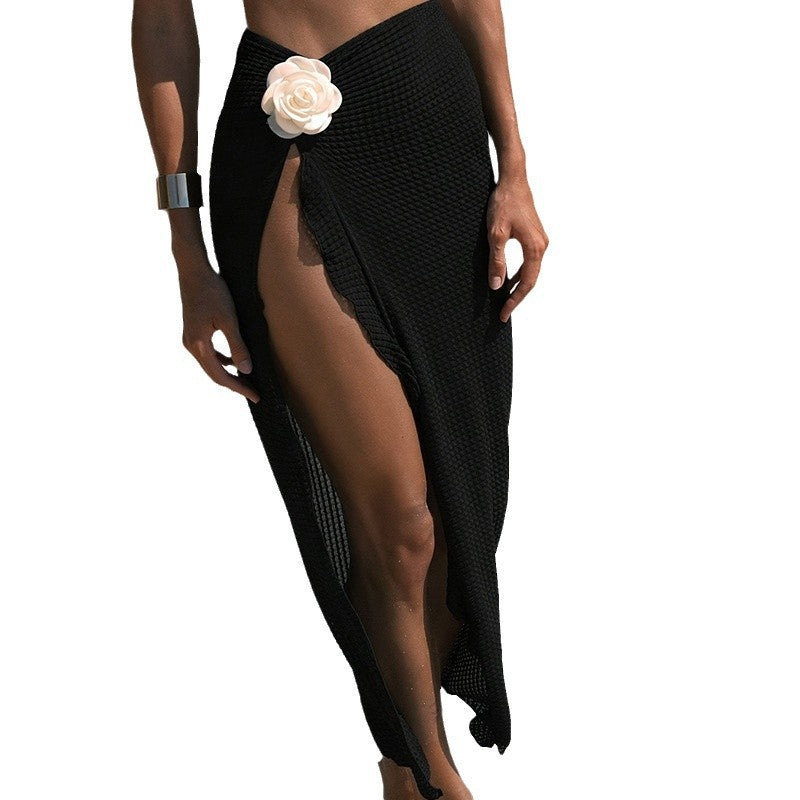 Women's Maxi Skirt with Side Slit and Floral Appliqué